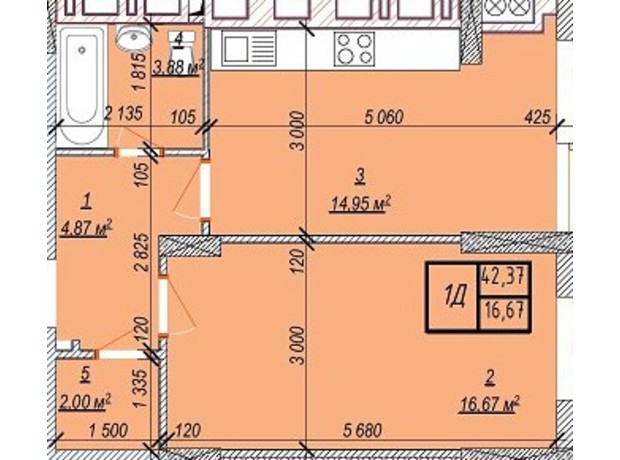 ЖК Свобода: планировка 1-комнатной квартиры 42.37 м²