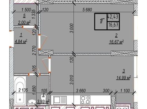 ЖК Свобода: планування 1-кімнатної квартири 42.43 м²