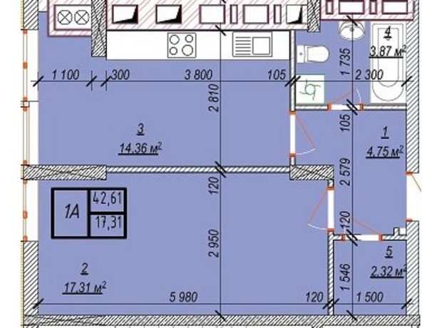 ЖК Свобода: планировка 1-комнатной квартиры 43 м²