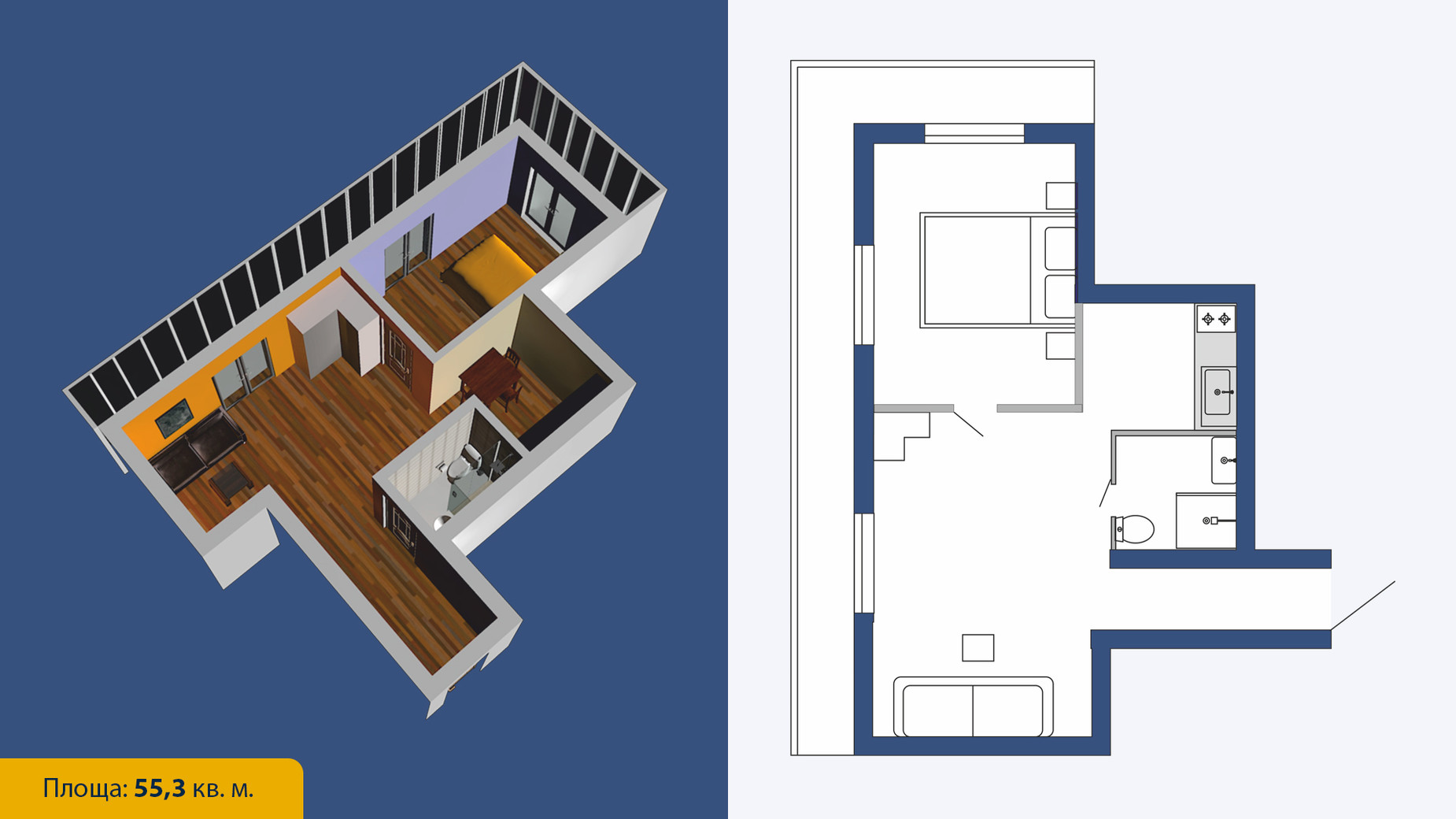 Планування 3-кімнатної квартири в ЖК Сузір'я-2020 55.3 м², фото 262033