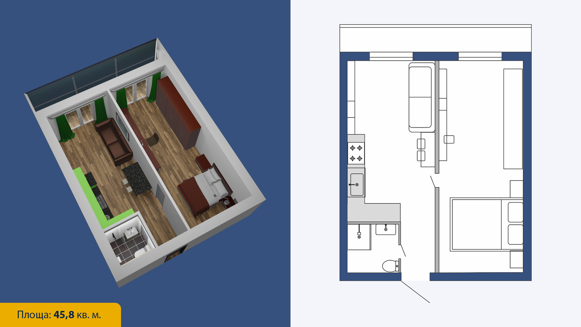 Планування 2-кімнатної квартири в ЖК Сузір'я-2020 45.8 м², фото 262035