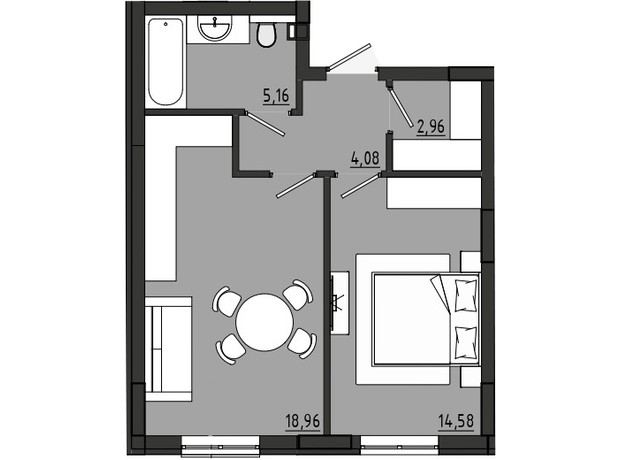 ЖР Сади Рів'єри: планування 1-кімнатної квартири 45.74 м²