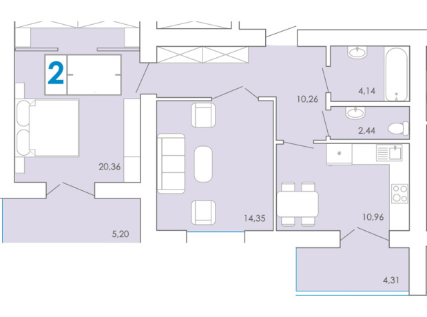 ЖК Срібні Озера Комфорт: планування 2-кімнатної квартири 68.89 м²