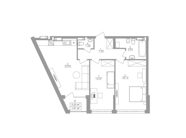 ЖК Greenville на Печерську: планування 2-кімнатної квартири 73.4 м²