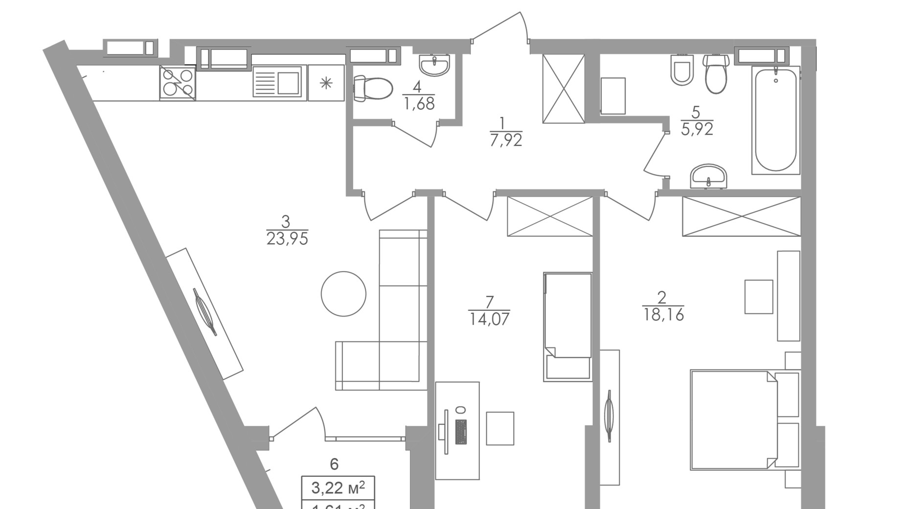 Планування 2-кімнатної квартири в ЖК Greenville на Печерську 73.4 м², фото 263687