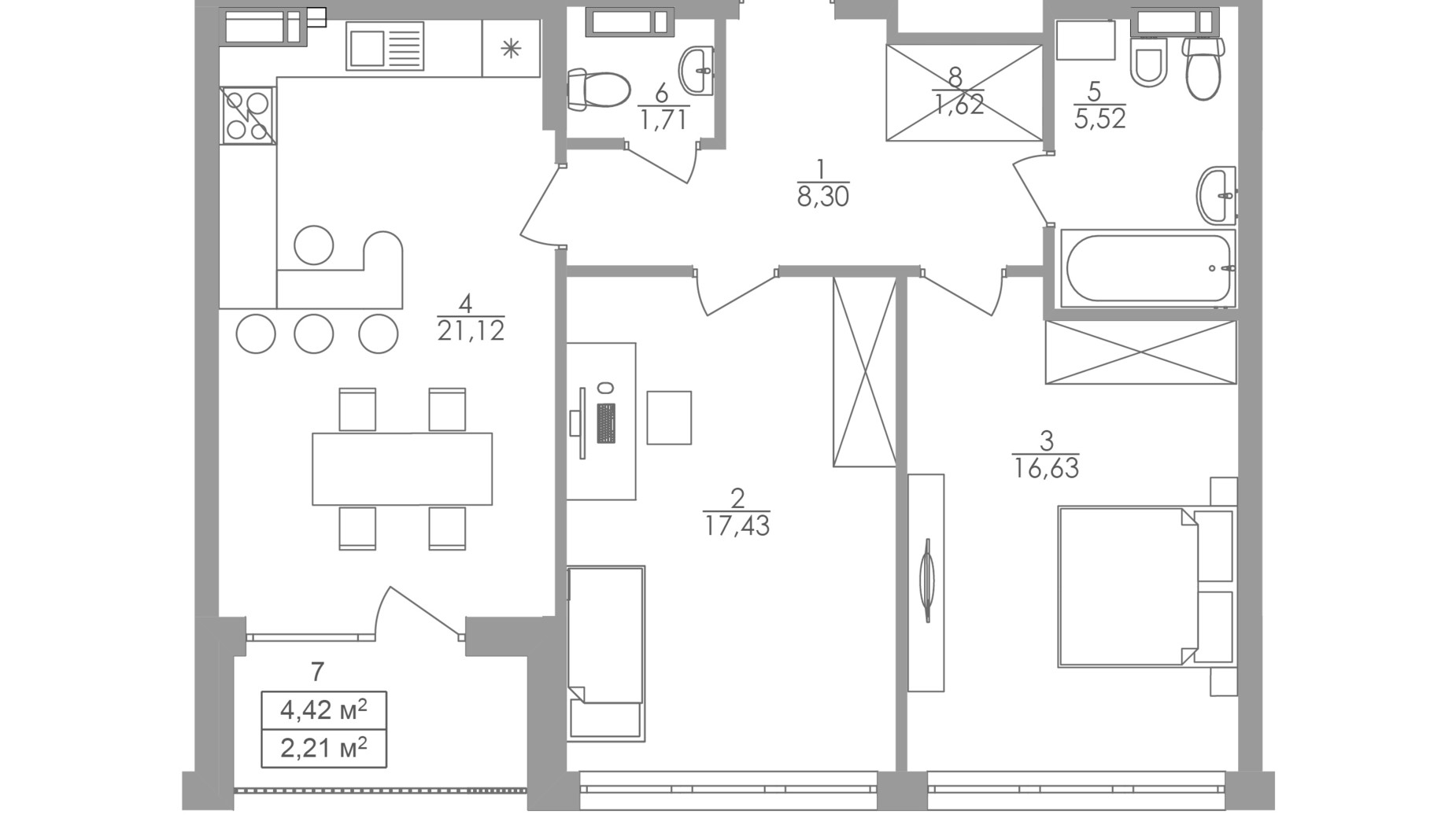 Планування 2-кімнатної квартири в ЖК Greenville на Печерську 74.6 м², фото 263692