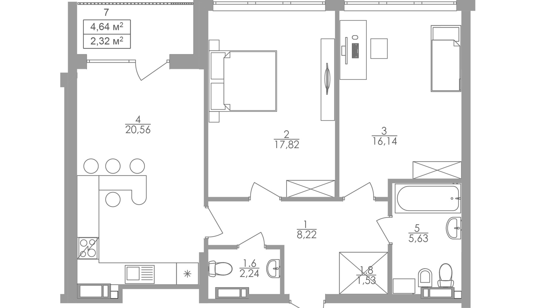 Планування 2-кімнатної квартири в ЖК Greenville на Печерську 74.5 м², фото 263794
