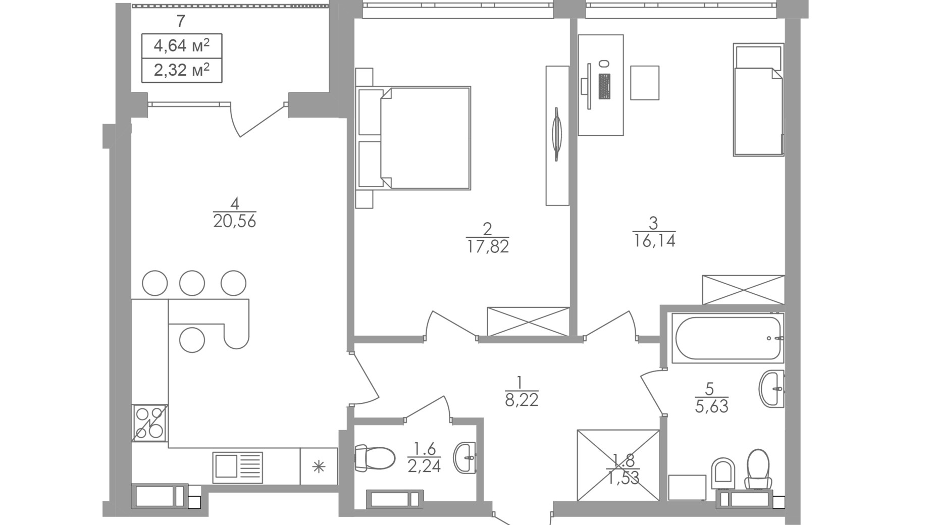 Планировка 2-комнатной квартиры в ЖК Greenville на Печерске 74.5 м², фото 263801