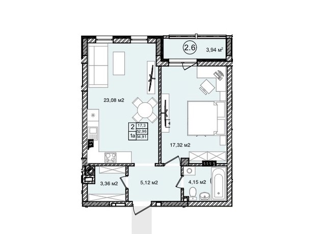 КД На Кондукторской: планировка 1-комнатной квартиры 55.05 м²