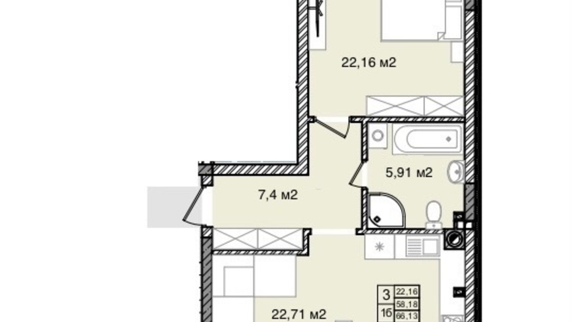 Планування 1-кімнатної квартири в КБ На Кондукторській 66.13 м², фото 264043