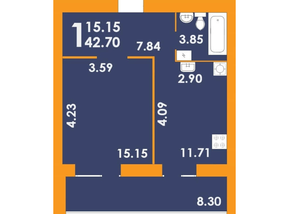 Планировка 1-комнатной квартиры в ЖК Park Residence 42.7 м², фото 264169 Планировка 1-комнатной квартиры в ЖК Park Residence 42.7 м², фото 264169