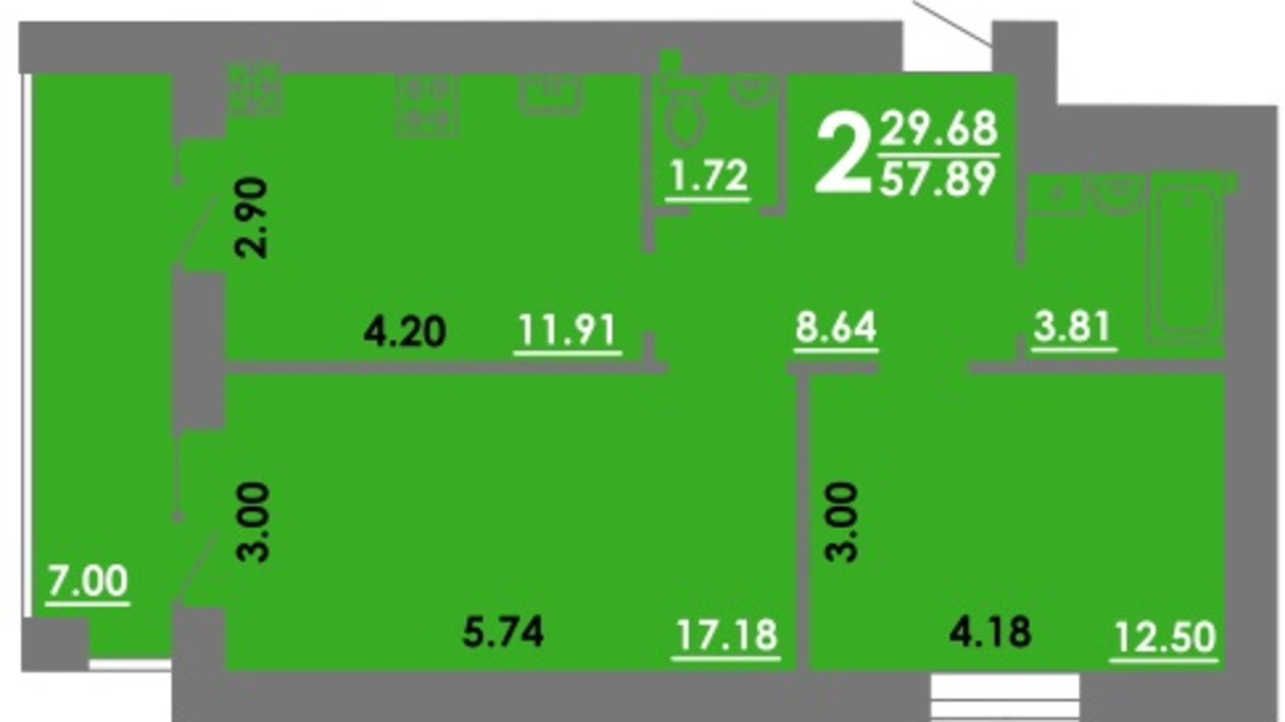 Планировка 2-комнатной квартиры в ЖК Концепт 57.89 м², фото 264233