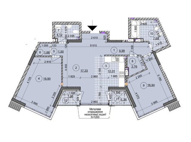 ЖК ул. Евгена Маланюка (Сагайдака), 101: планировка 3-комнатной квартиры 96.91 м²