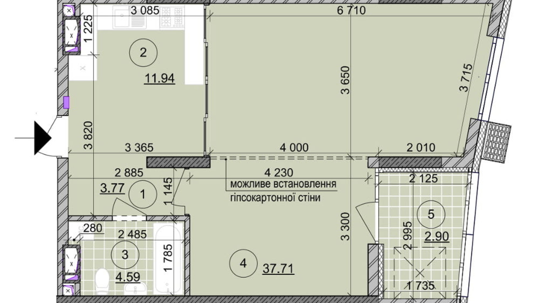 Планування 1-кімнатної квартири в ЖК вул. Євгена Маланюка (Сагайдака), 101 61.98 м², фото 265027