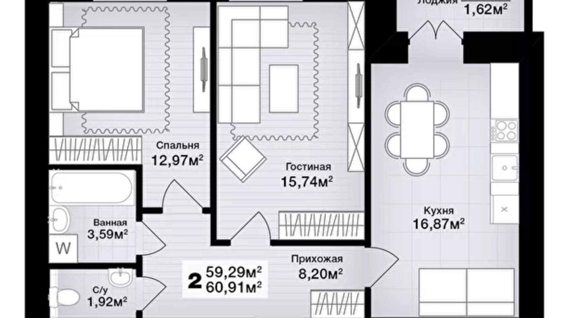 Планування 2-кімнатної квартири в ЖК Комфорт на Салтівці 60.91 м², фото 265041