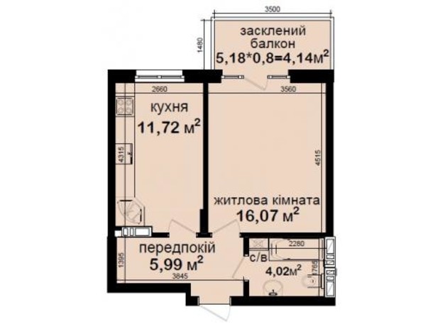 ЖК Кришталеві джерела: планировка 1-комнатной квартиры 41.94 м²