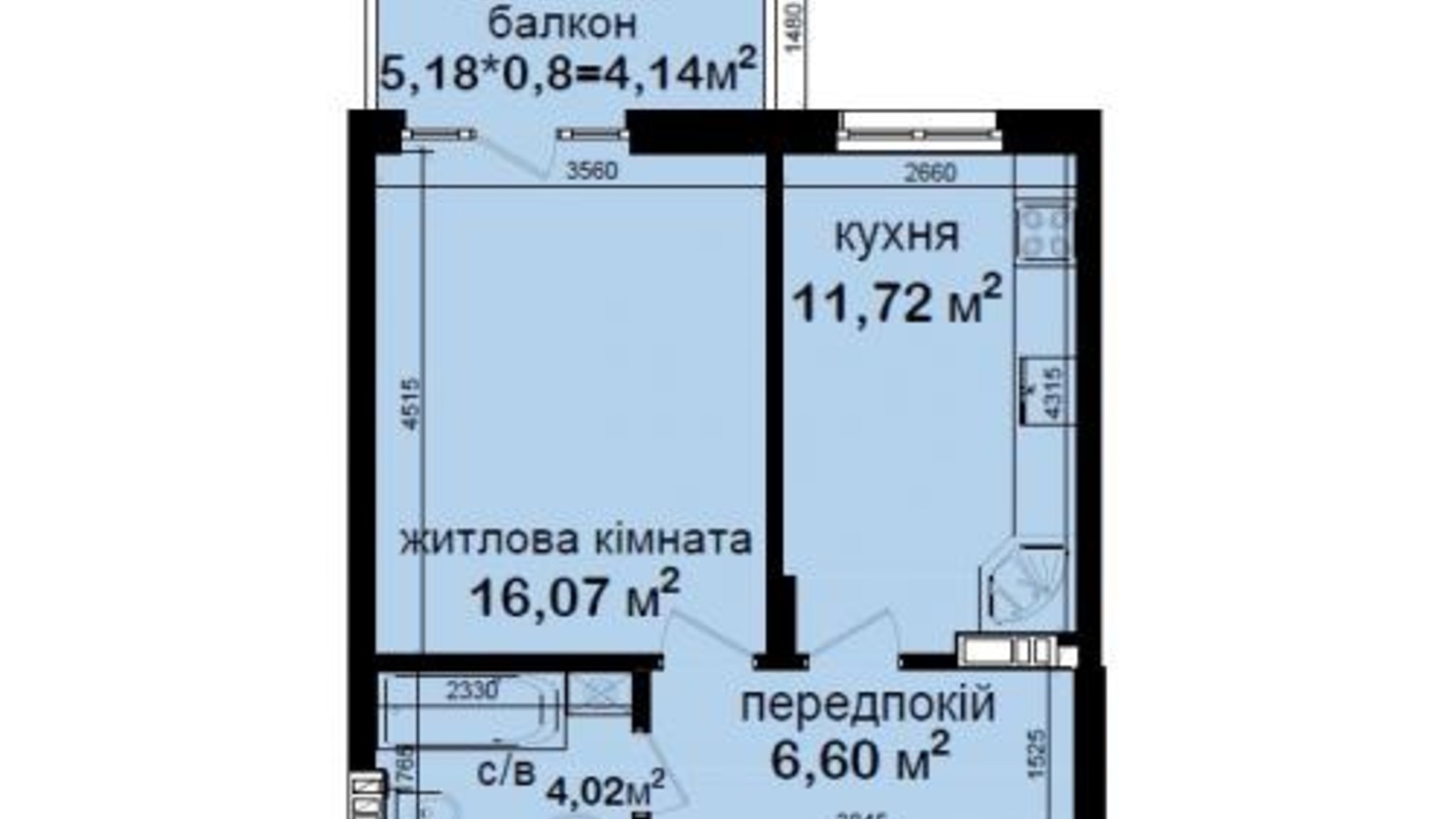 Планировка 1-комнатной квартиры в ЖК Кришталеві джерела 42.55 м², фото 265134