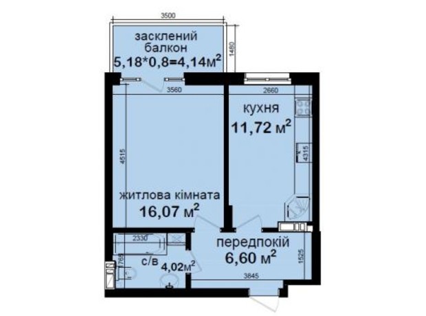 ЖК Кришталеві джерела: планування 1-кімнатної квартири 42.55 м²