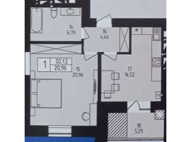ЖК Европейский: планировка 1-комнатной квартиры 50.12 м²