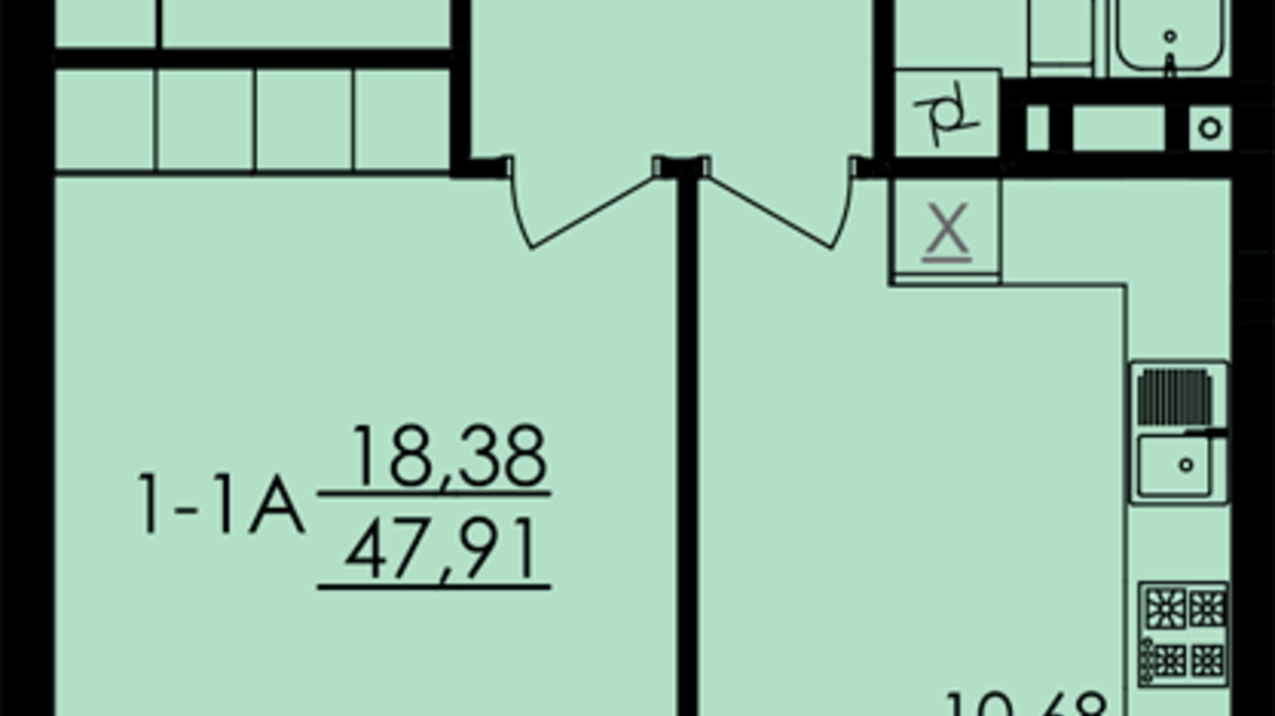 Планировка 1-комнатной квартиры в ЖК City Park 47.91 м², фото 265248