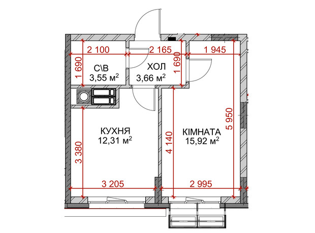 ЖК Riverside: планування 1-кімнатної квартири 34.3 м²