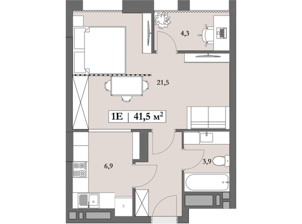 ЖК Lagom: планування 1-кімнатної квартири 43.7 м²