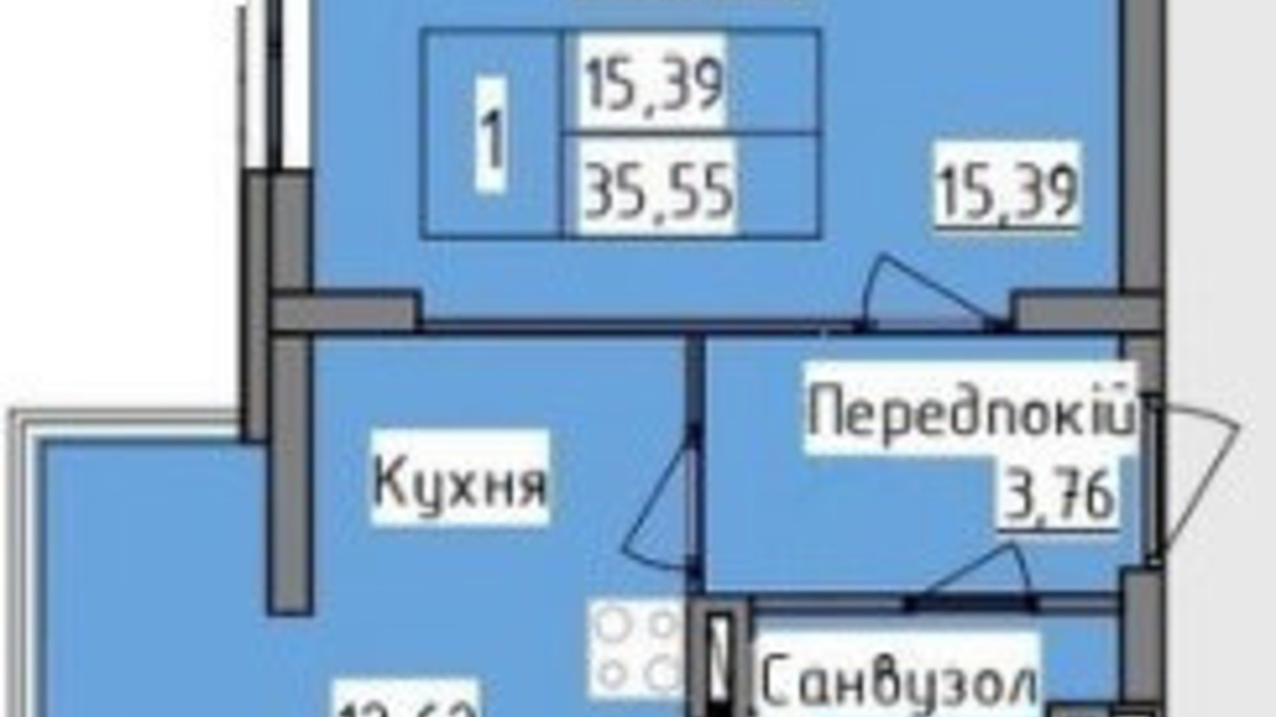 Планировка 1-комнатной квартиры в ЖК R2 residence 35.55 м², фото 265785