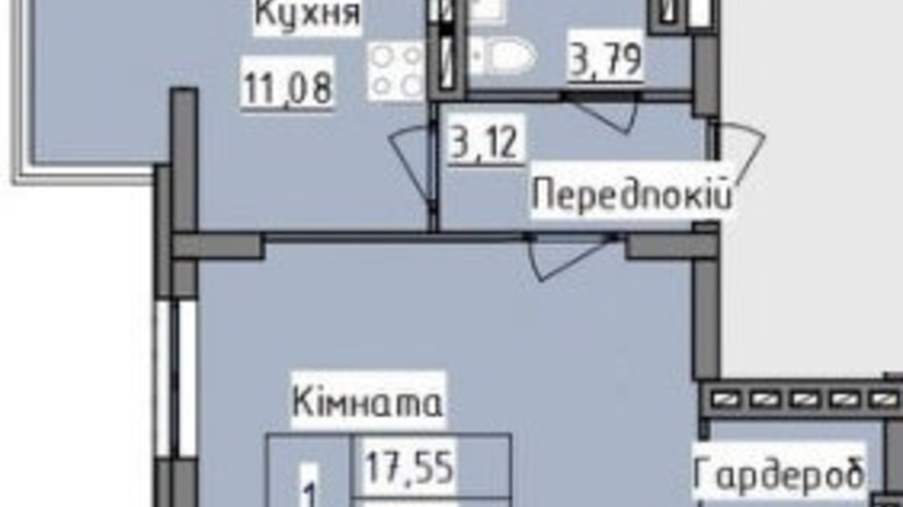 Планування 1-кімнатної квартири в ЖК R2 residence 38.49 м², фото 265786