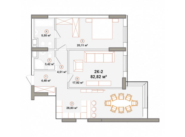 ЖК Edelweiss House: планировка 2-комнатной квартиры 82.82 м²