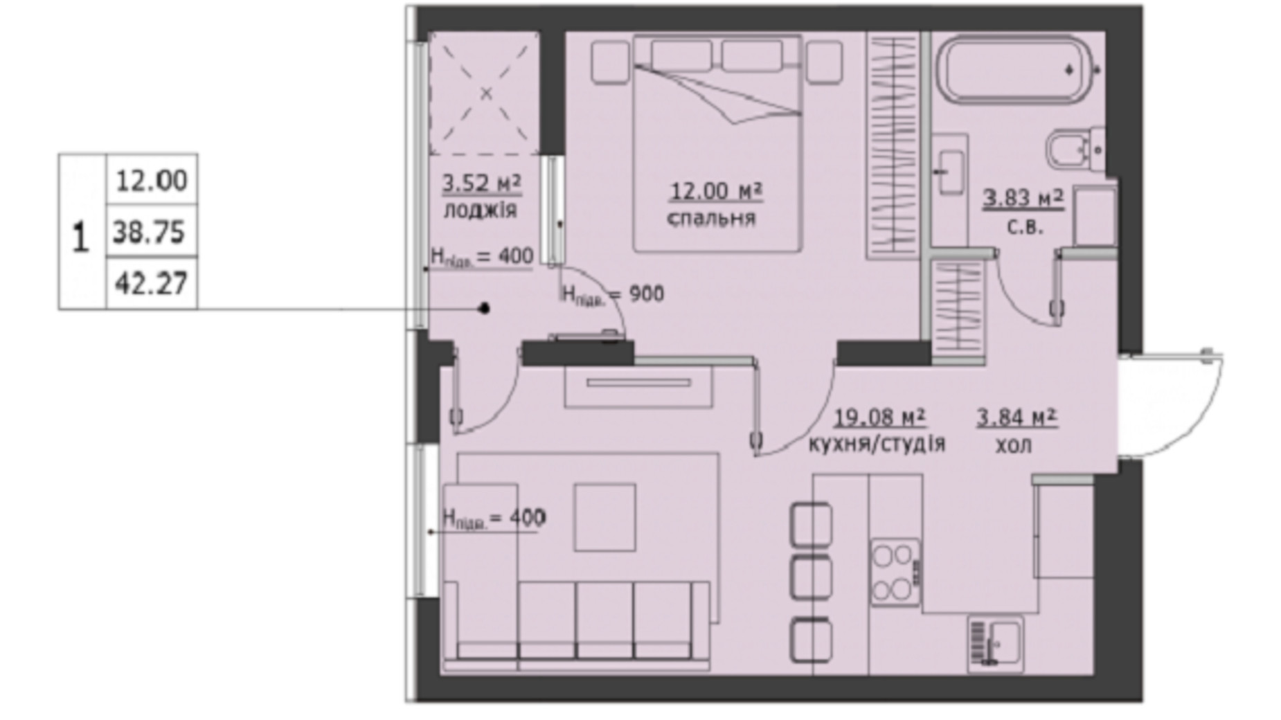 Планування 1-кімнатної квартири в ЖК Бетховен 42.27 м², фото 266469