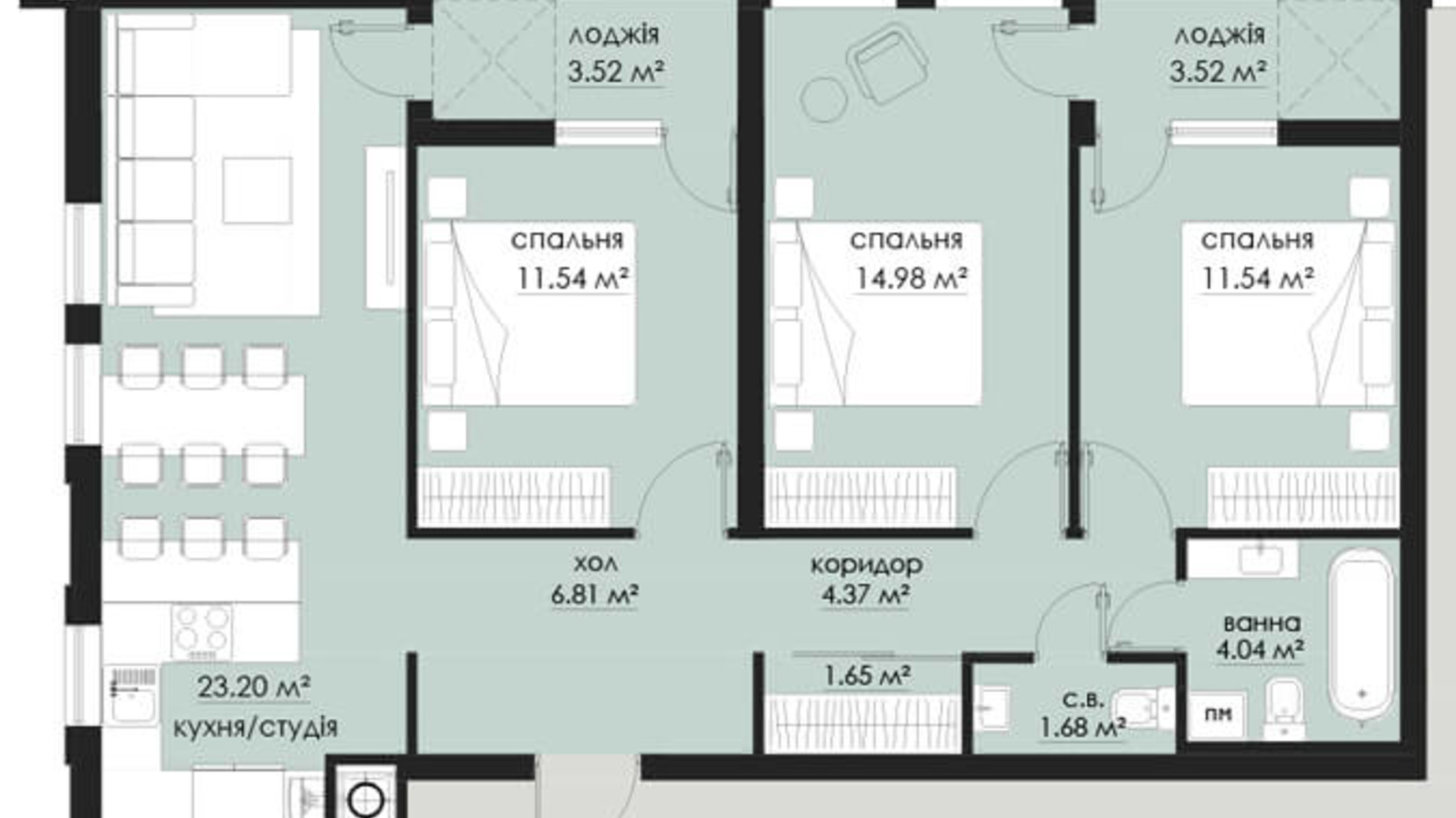 Планування 3-кімнатної квартири в ЖК на Стрийській 86.85 м², фото 266520