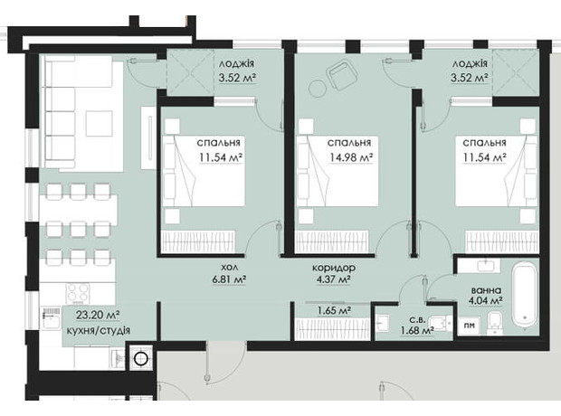 ЖК на Стрыйской: планировка 3-комнатной квартиры 86.85 м²