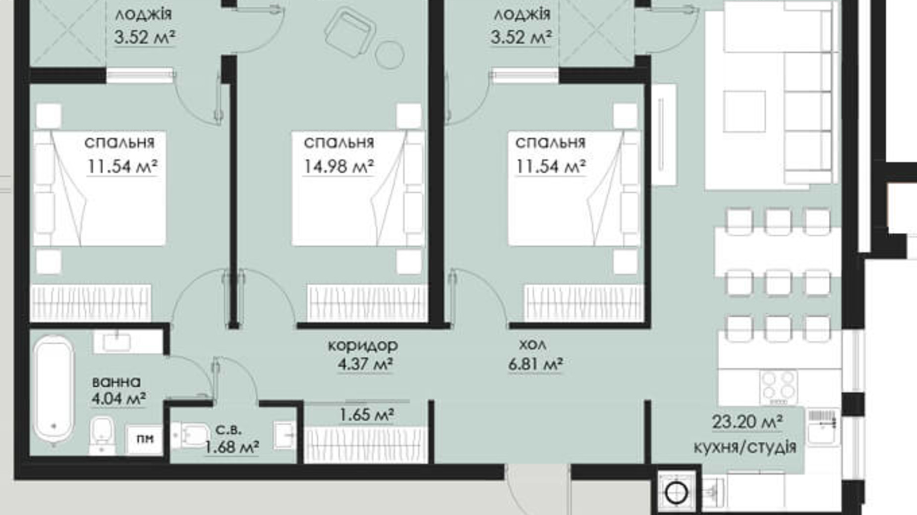 Планування 3-кімнатної квартири в ЖК на Стрийській 86.85 м², фото 266521
