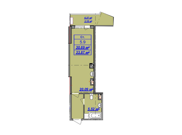 ЖК Посейдон: планування 1-кімнатної квартири 33.45 м²