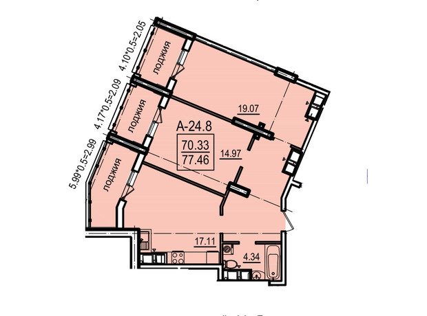 ЖК Посейдон: планування 2-кімнатної квартири 77.48 м²