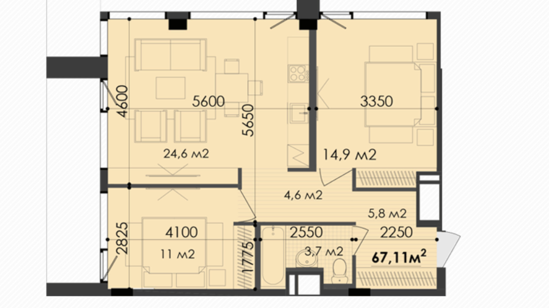 Планування 2-кімнатної квартири в ЖК Respect Hall 67.11 м², фото 267250