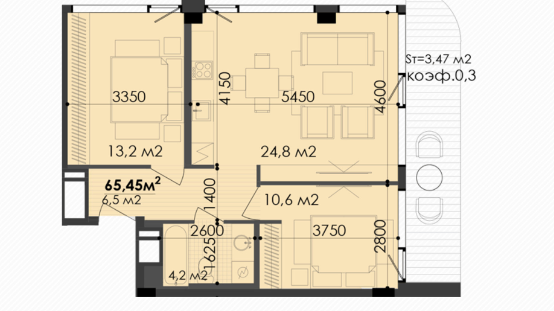 Планування 2-кімнатної квартири в ЖК Respect Hall 65.45 м², фото 267254