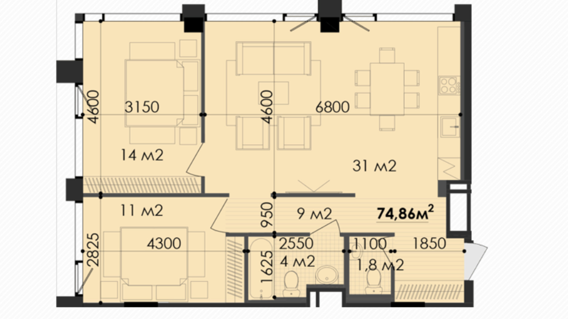 Планування 2-кімнатної квартири в ЖК Respect Hall 74.86 м², фото 267260