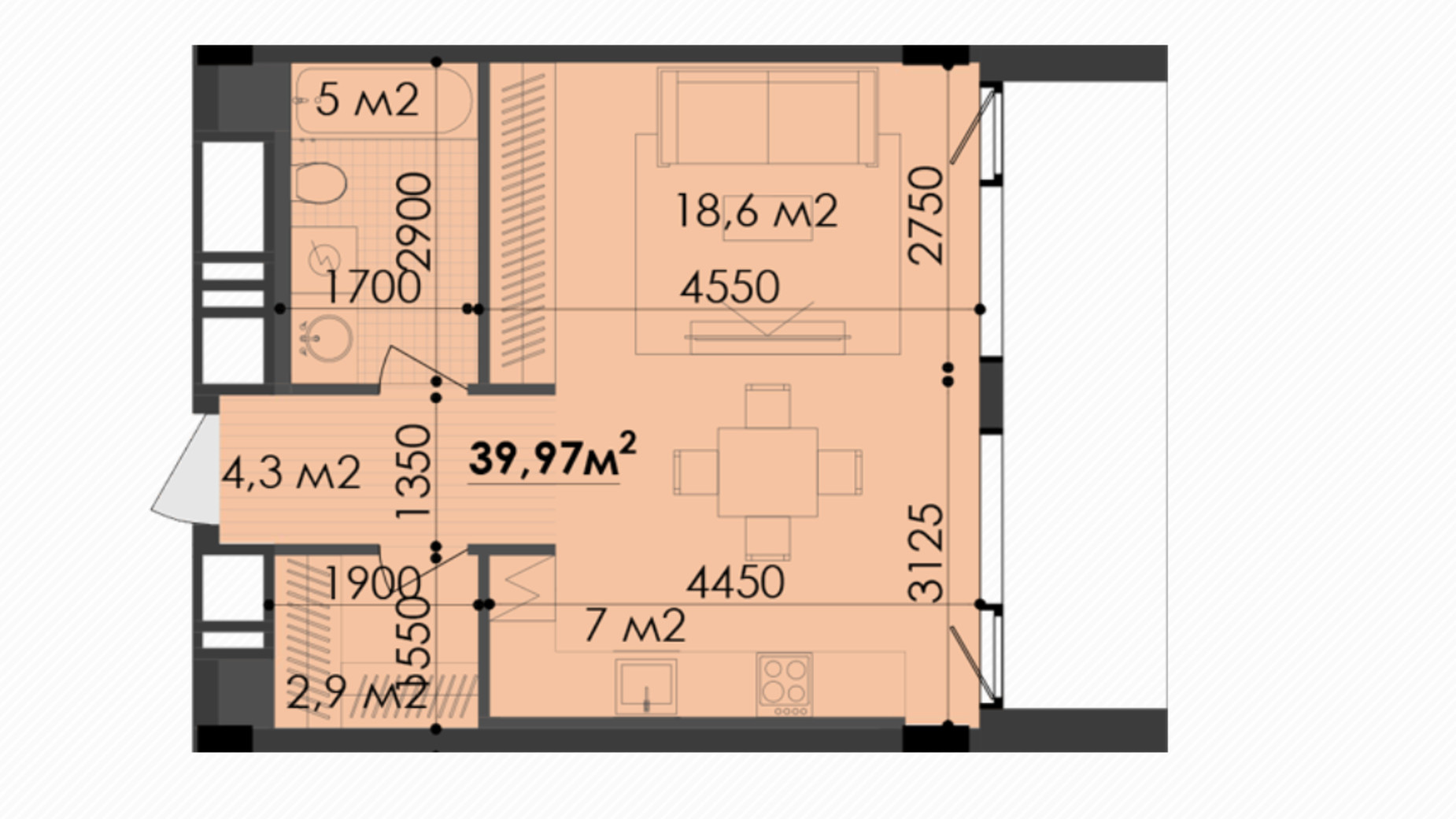 Планування 1-кімнатної квартири в ЖК Respect Hall 39.97 м², фото 267283