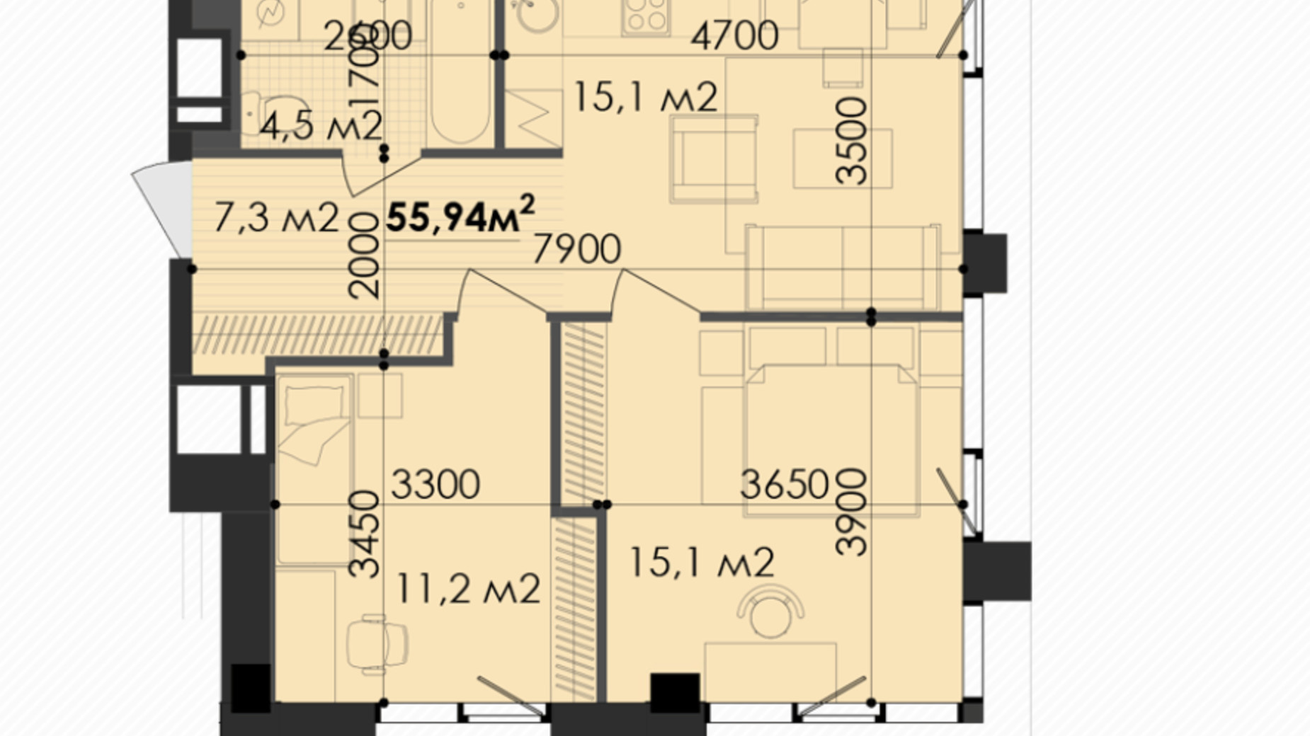 Планування 1-кімнатної квартири в ЖК Respect Hall 55.94 м², фото 267284