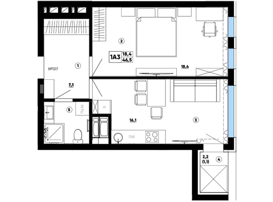 Планировка 1-комнатной квартиры в ЖК Paradise Avenue 46.5 м², фото 267870 Планировка 1-комнатной квартиры в ЖК Paradise Avenue 46.5 м², фото 267870