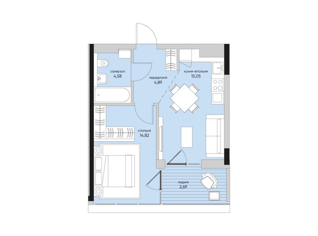 ЖК Park Lake City Vita: планування 1-кімнатної квартири 42.03 м²