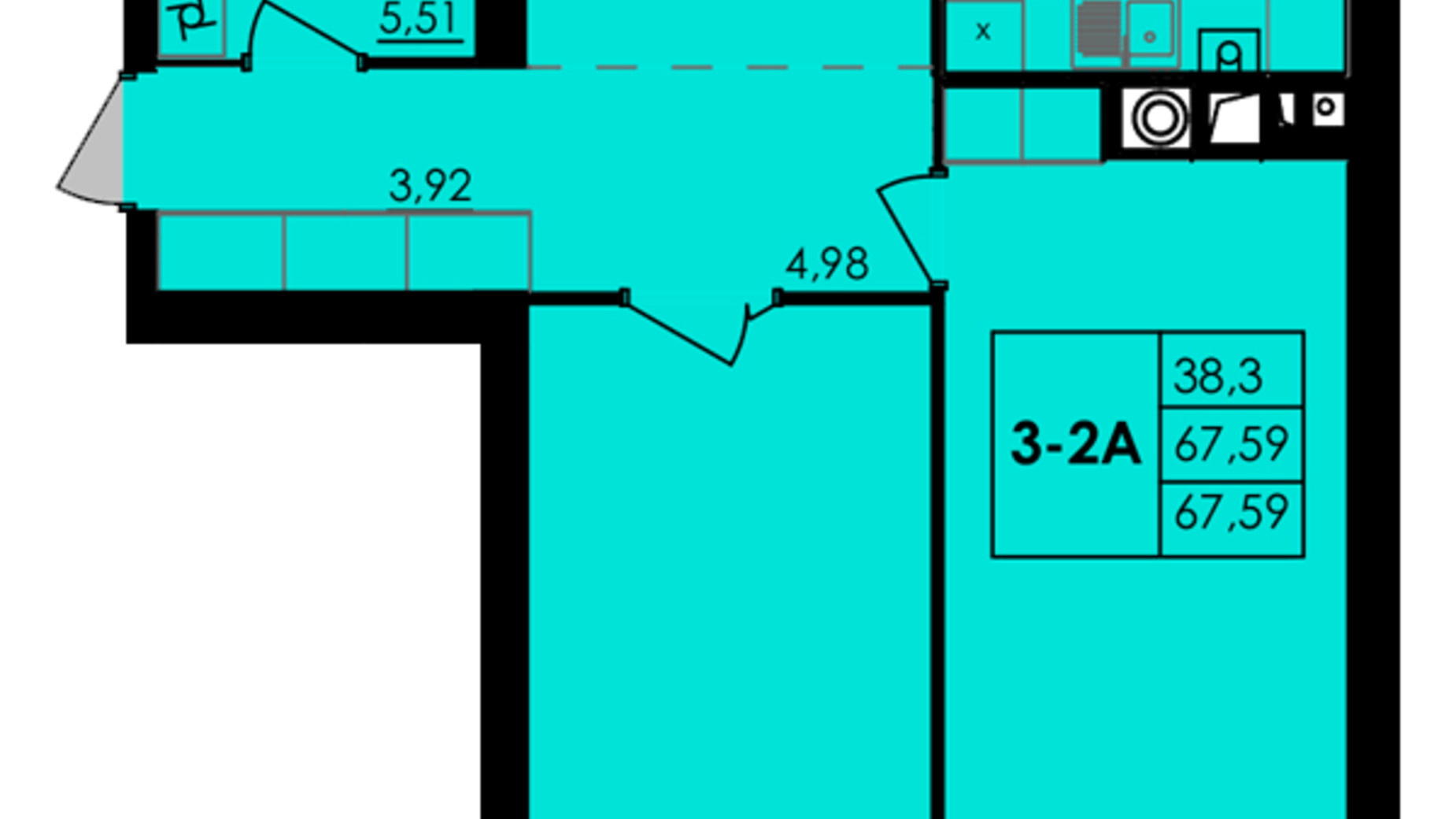 Планировка 2-комнатной квартиры в ЖК City Park 67.59 м², фото 268250