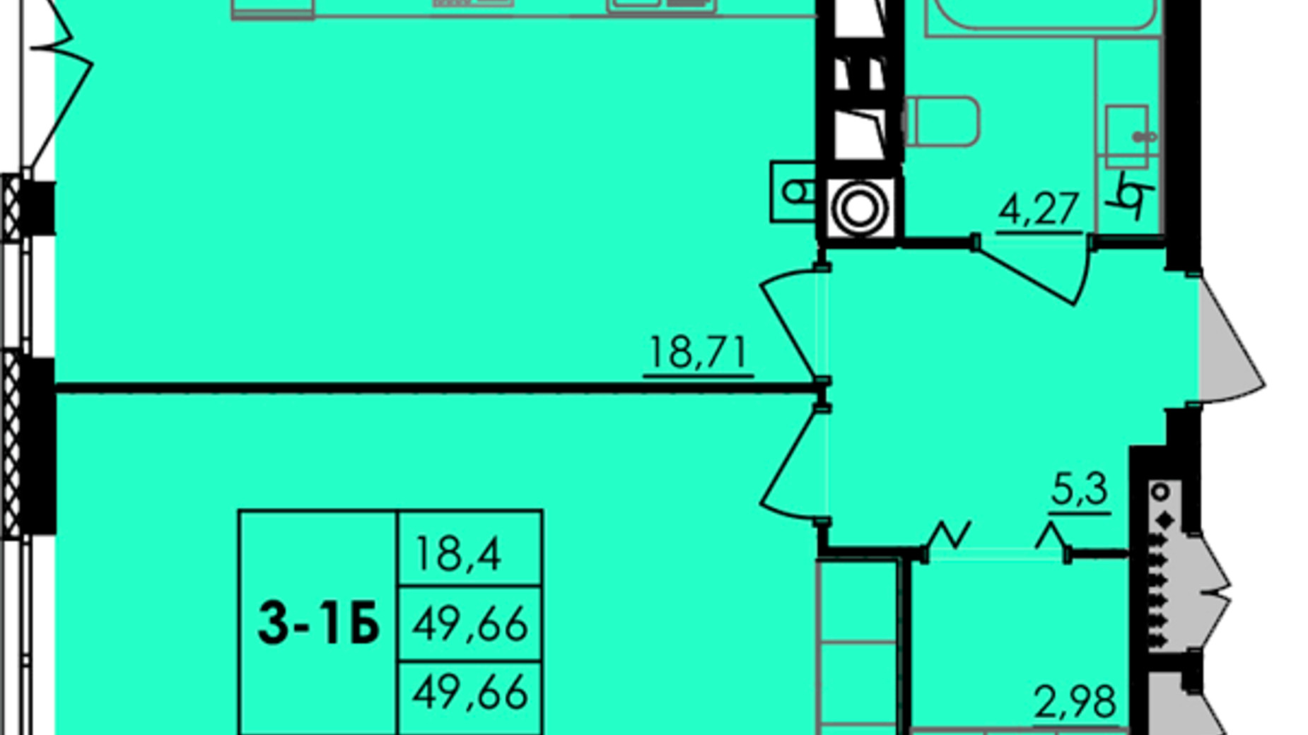 Планування 1-кімнатної квартири в ЖК City Park 49.66 м², фото 268252