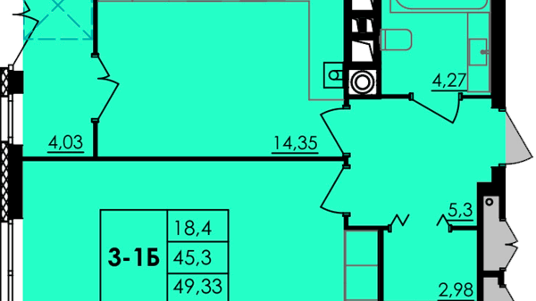 Планування 1-кімнатної квартири в ЖК City Park 49.33 м², фото 268255