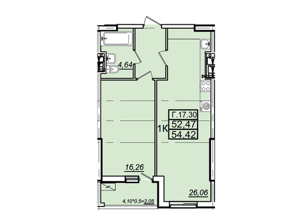 ЖК Родос: планировка 1-комнатной квартиры 54.19 м²
