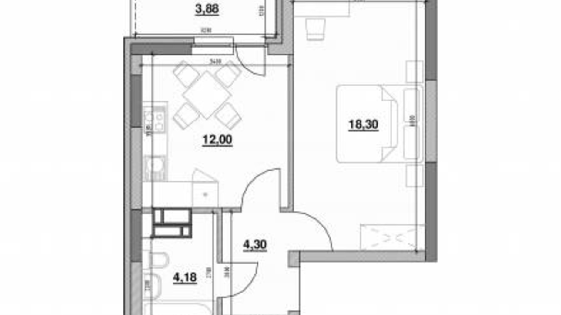 Планування 1-кімнатної квартири в ЖК Ok'Land 42.96 м², фото 268705