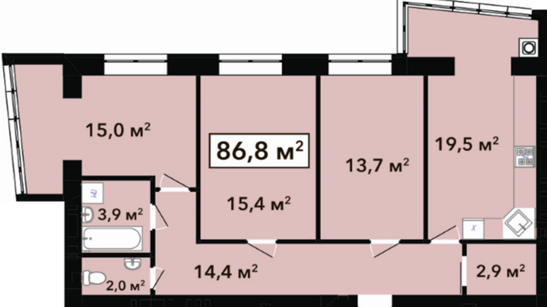 Планировка 3-комнатной квартиры в ЖК Перлина Проскурова 2 86.8 м², фото 268908