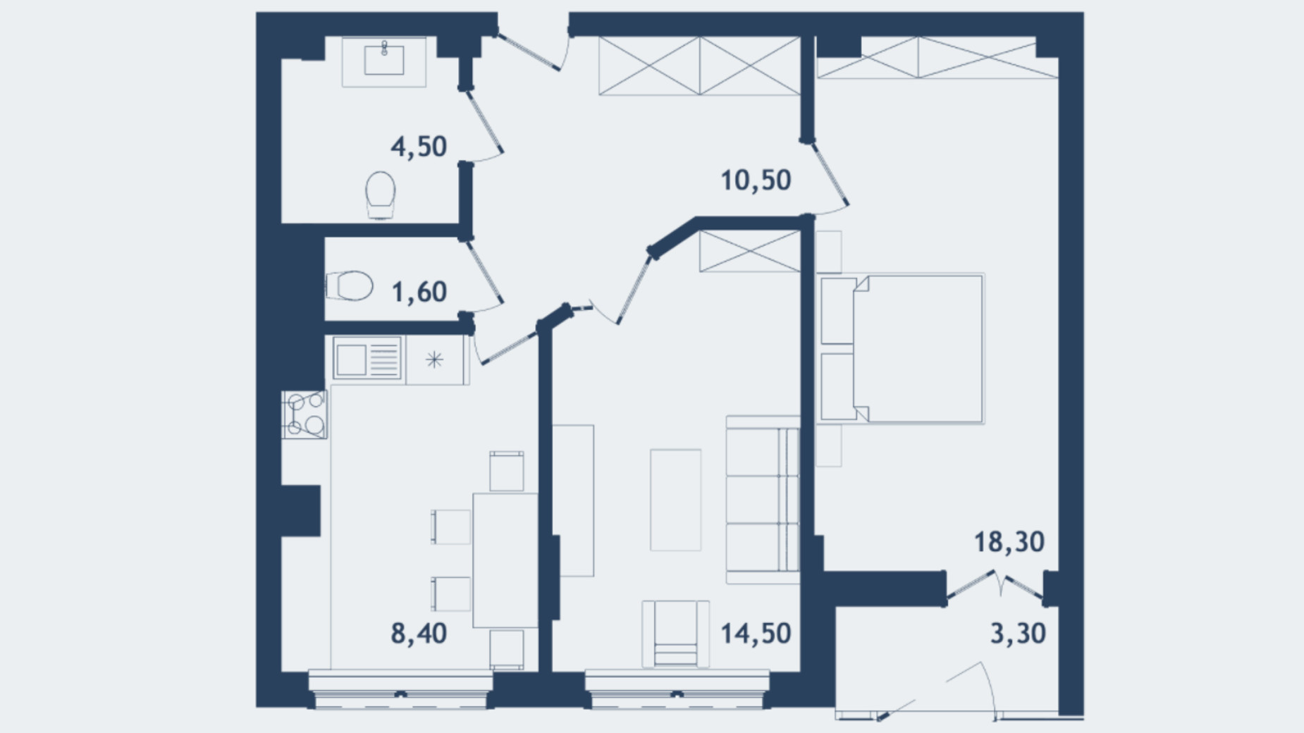 Планування 2-кімнатної квартири в ЖК Престижний 2 61.17 м², фото 268928