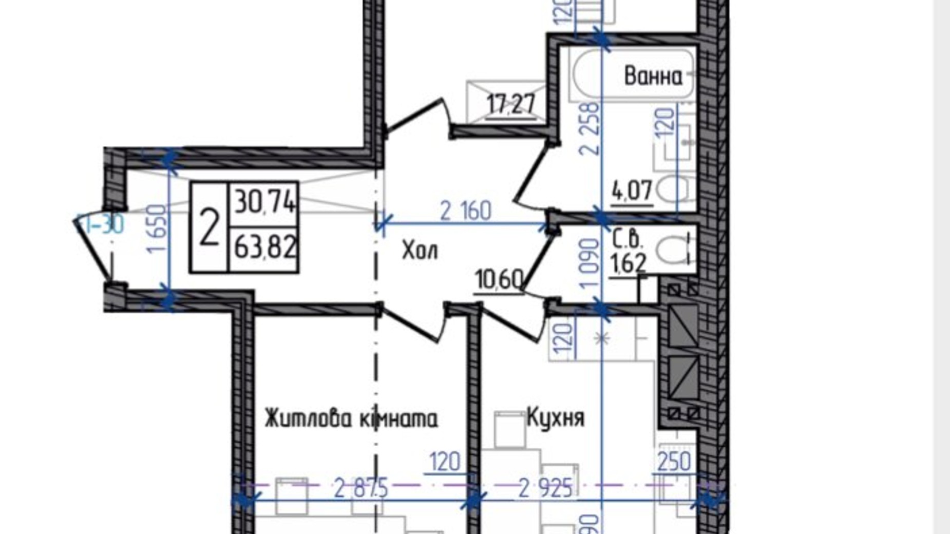Планування 2-кімнатної квартири в ЖК Престижний 2 63.82 м², фото 268937